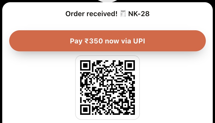 The Nook widget showing an order confirmation with a UPI pay button and QR code